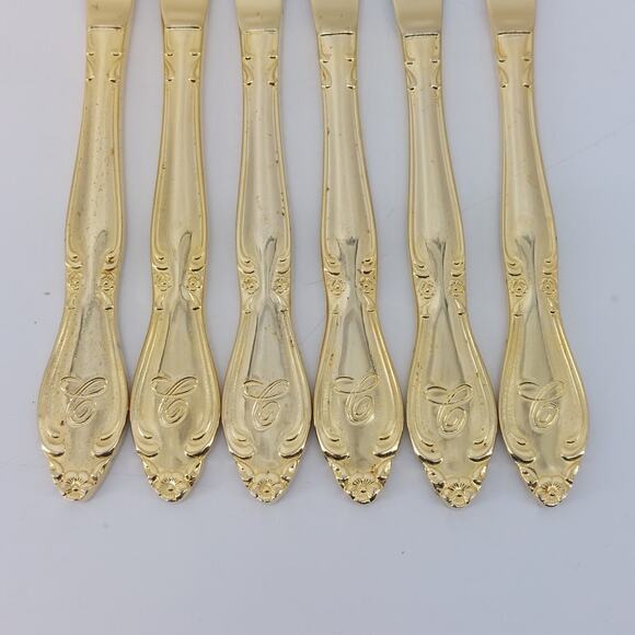 Set of 6 Dinner Knifes Gold Tone With Monogram C Hollywood - Picture 3 of 15